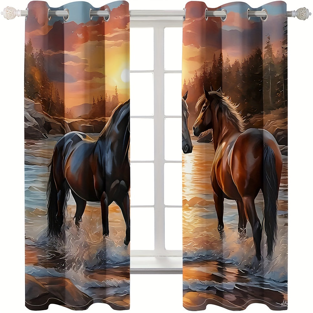 2pcs, Sunset Horse Stream Digital Printed Curtain Living Room Curtains, Grommet Top Curtains Living Room Office Home Decoration