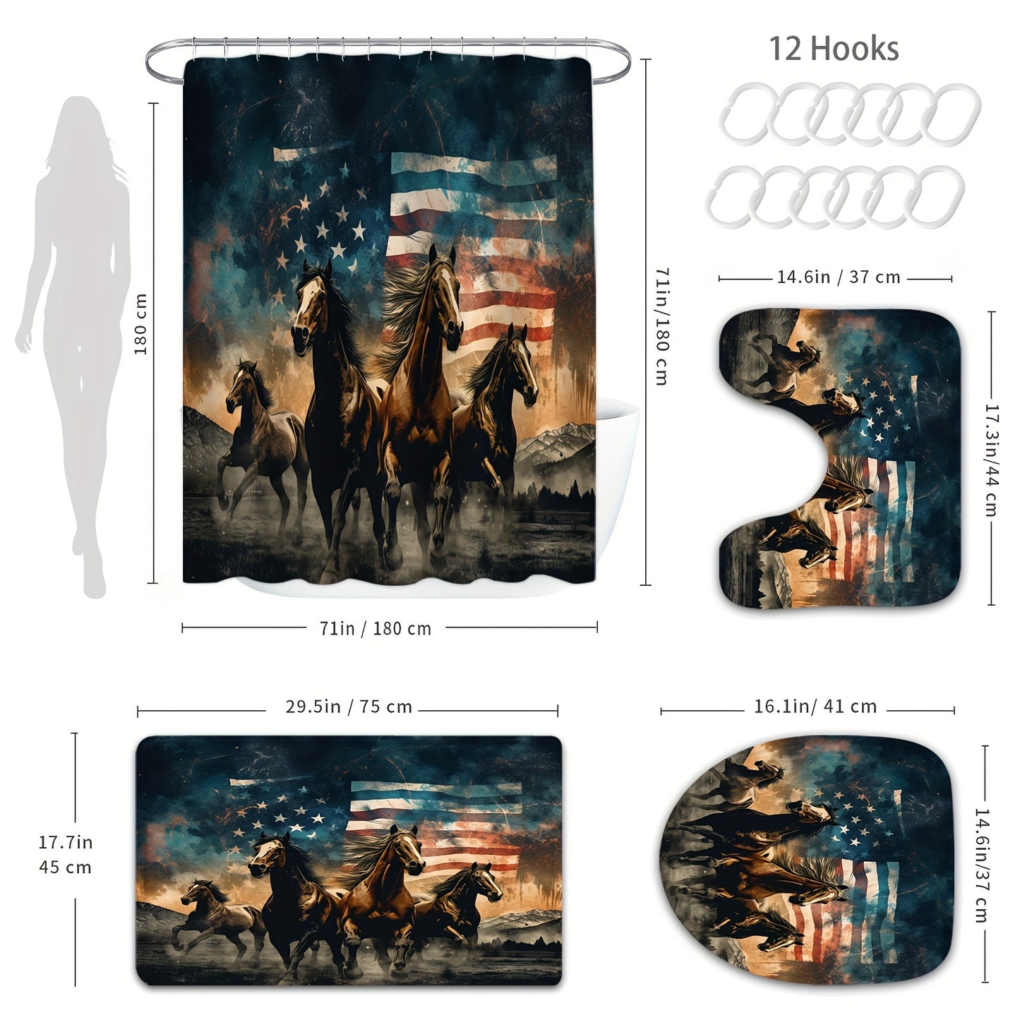 1/4pcs Wild Horses Shower Curtain Set, Independence Day Shower Curtain With 12 Hooks, Non-Slip Bathroom Rug, Toilet U-Shape Mat, Toilet Lid Cover Pad, 4th Of July, Independence Day Decor