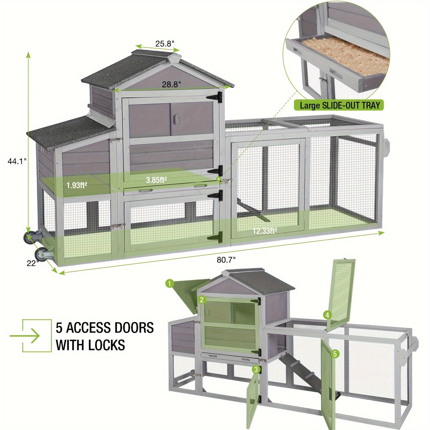 Aivituvin Chicken Coop, Wooden Poultry Cage with Nesting Box, Mobile Hen House On Wheels, Opening Wire Netting Roof