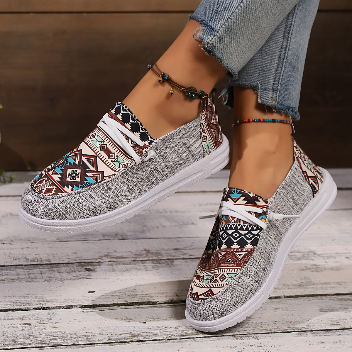 Women's Tribal Pattern Canvas Shoes, Casual Round Toe Low Top Flat Sneakers, Lightweight Outdoor Walking Shoes