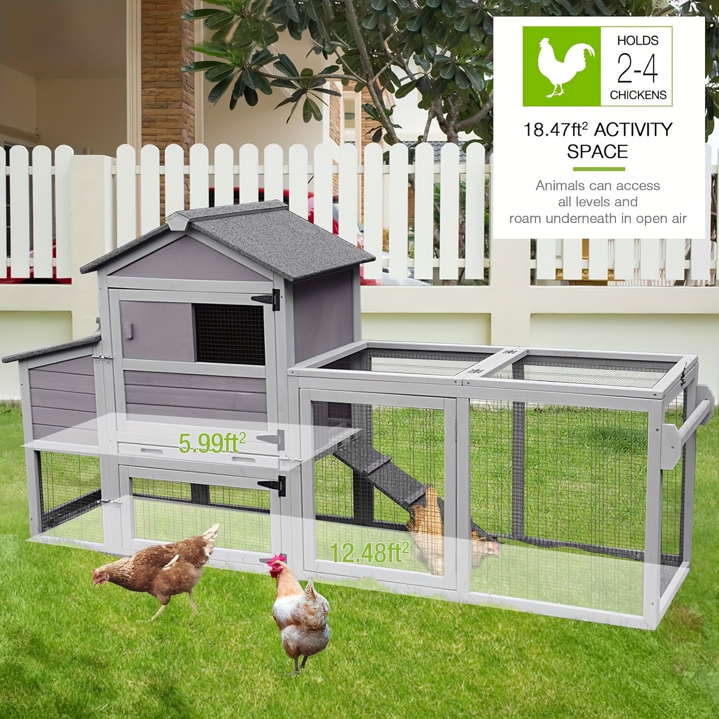 Aivituvin Chicken Coop, Wooden Poultry Cage with Nesting Box, Mobile Hen House On Wheels, Opening Wire Netting Roof