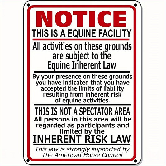 1pc Supplemental Equine Liability Tin Sign Warning Statute Horse Barn Stable 12x8 Inches