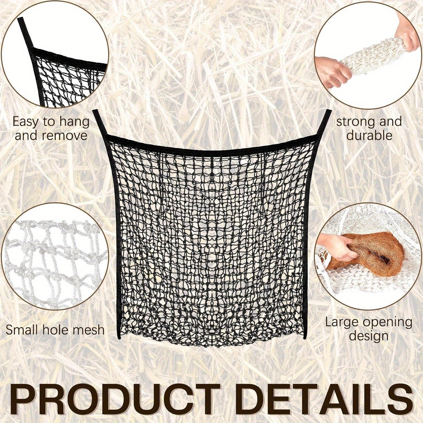 2pcs Durable Slow Feed Hay Nets For Horses & Goats - Easy Fill, Large Opening Design - Black, 35X31 Inch