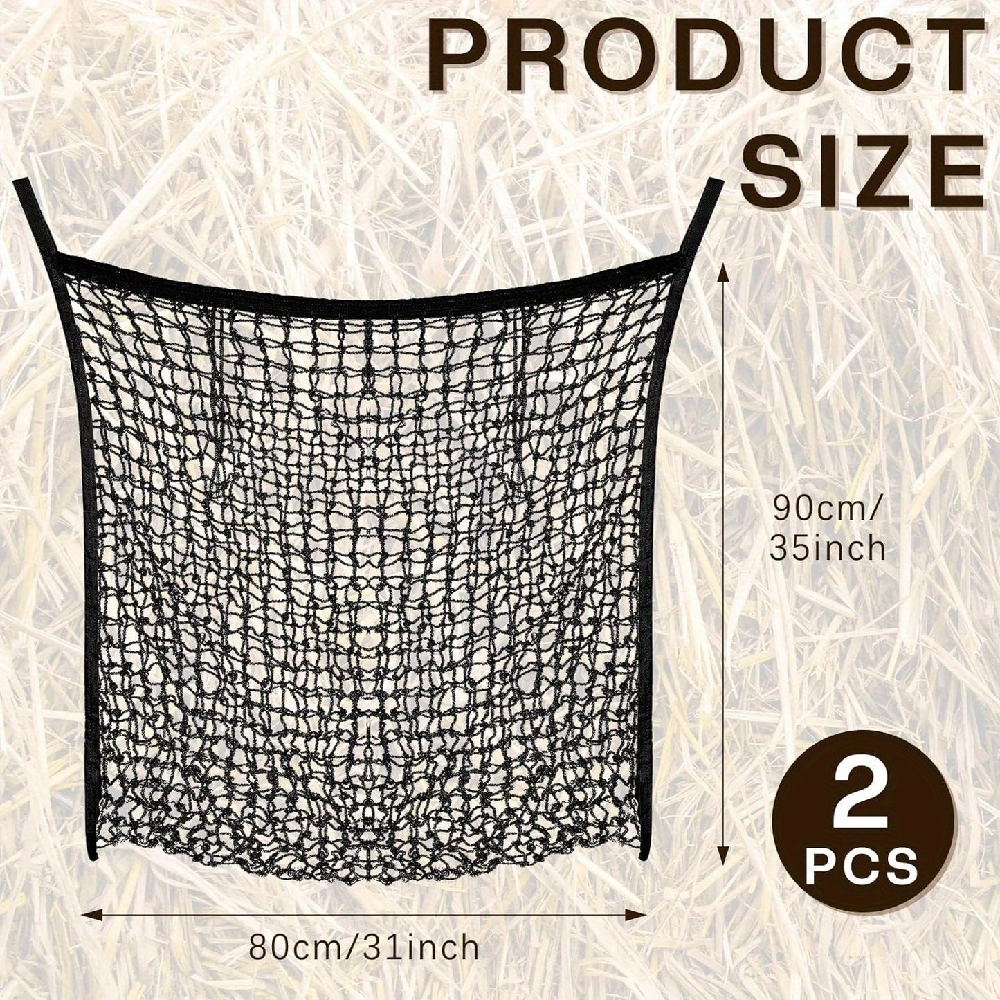 2pcs Durable Slow Feed Hay Nets For Horses & Goats - Easy Fill, Large Opening Design - Black, 35X31 Inch