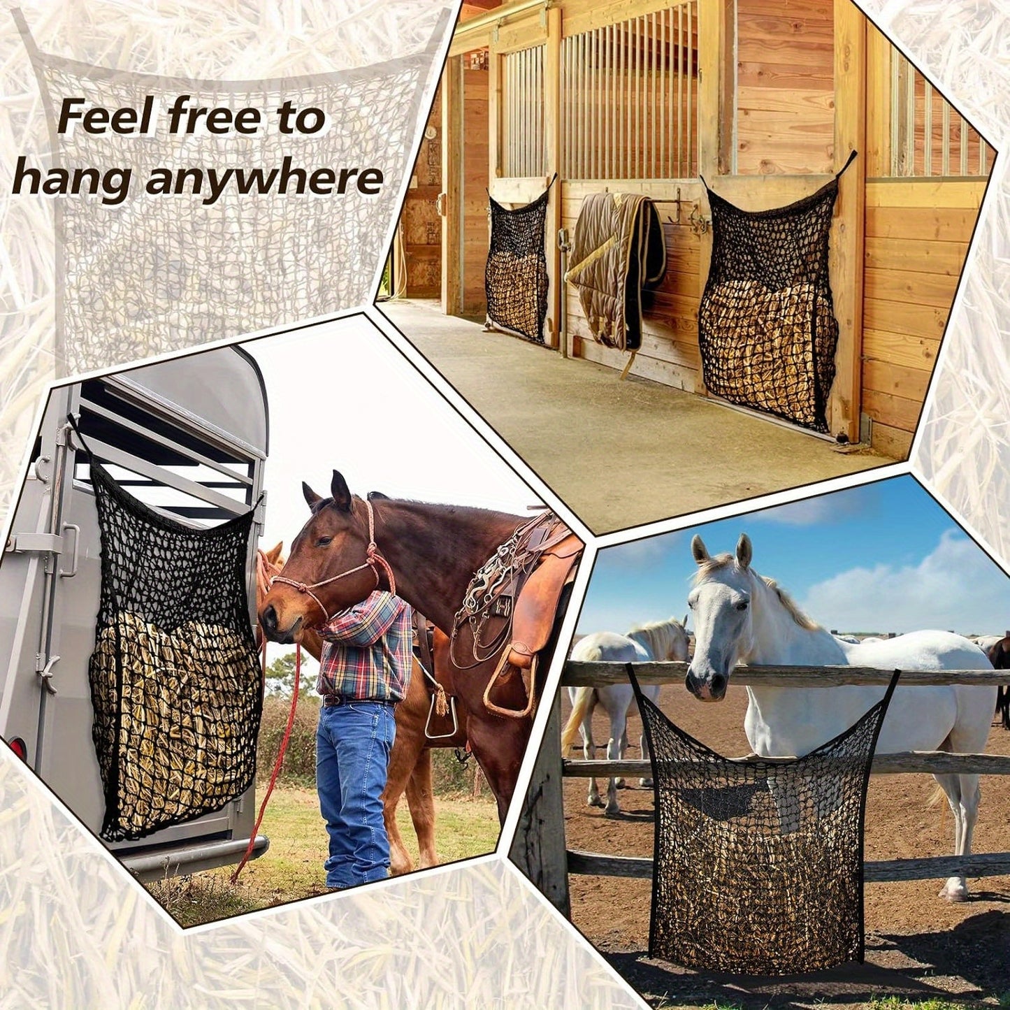 2pcs Durable Slow Feed Hay Nets For Horses & Goats - Easy Fill, Large Opening Design - Black, 35X31 Inch