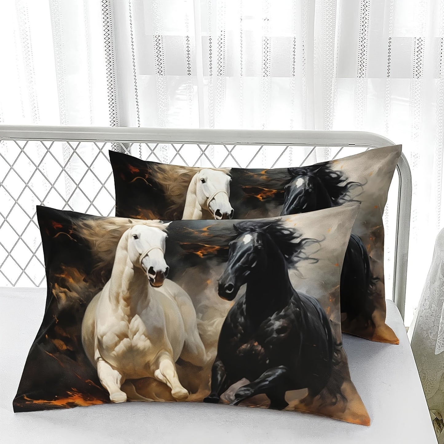 Horse Print Comforter Set, Black And White Horse Bedding Set, Western Farm Animals Printed Quilted Set, With 1 Comforter And 2 Pillow Case