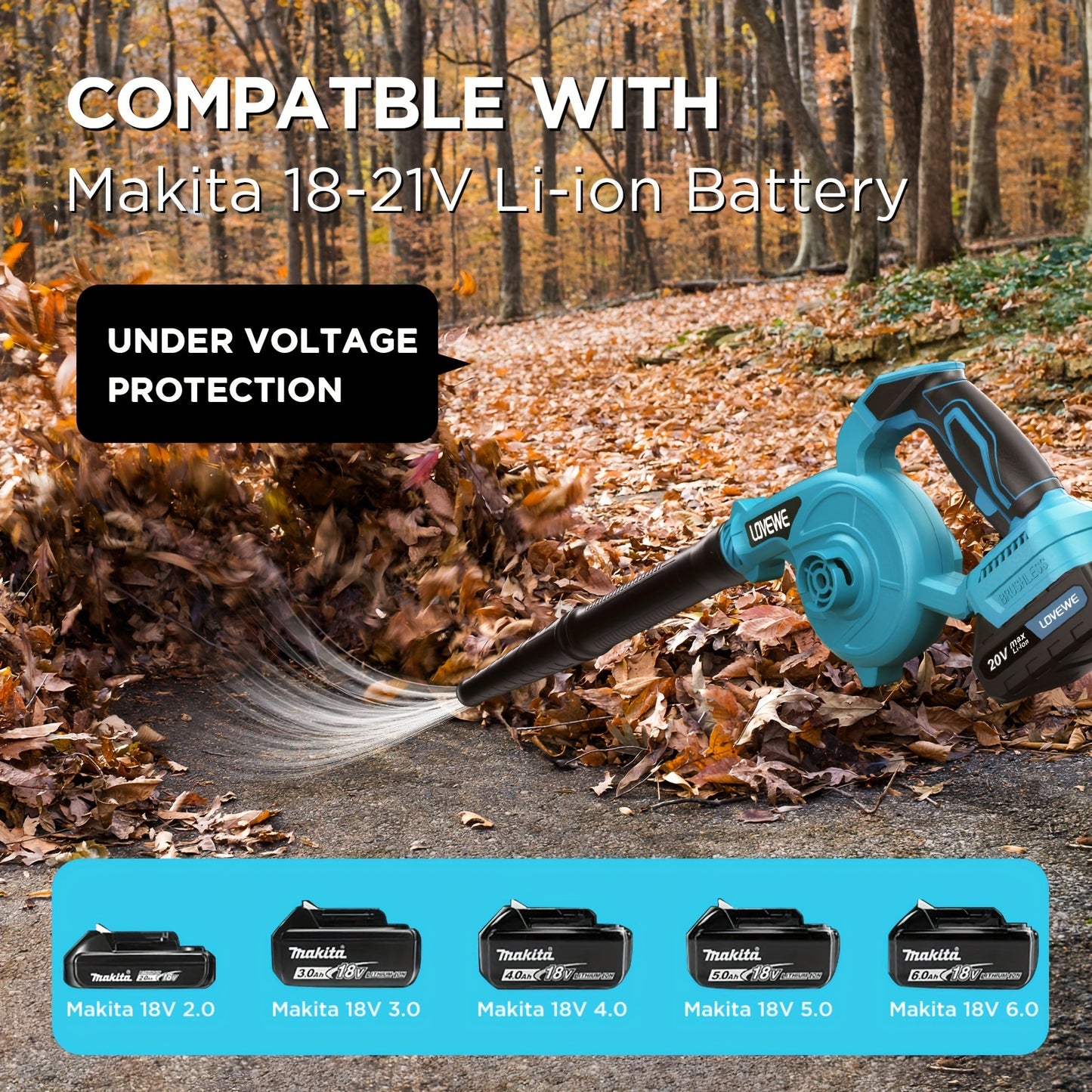 LOVEWE Cordless Leaf Blower, 150Mph 3 Speed Mode Handheld Electric Leaf Blowers 2-in-1 Lightweight Mini Cordless Leaf Vacuum With Brushless Motor For 18-21V Makita Interface, Leaf Blower