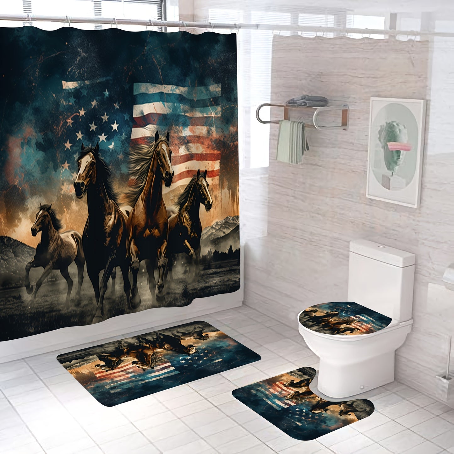 1/4pcs Wild Horses Shower Curtain Set, Independence Day Shower Curtain With 12 Hooks, Non-Slip Bathroom Rug, Toilet U-Shape Mat, Toilet Lid Cover Pad, 4th Of July, Independence Day Decor