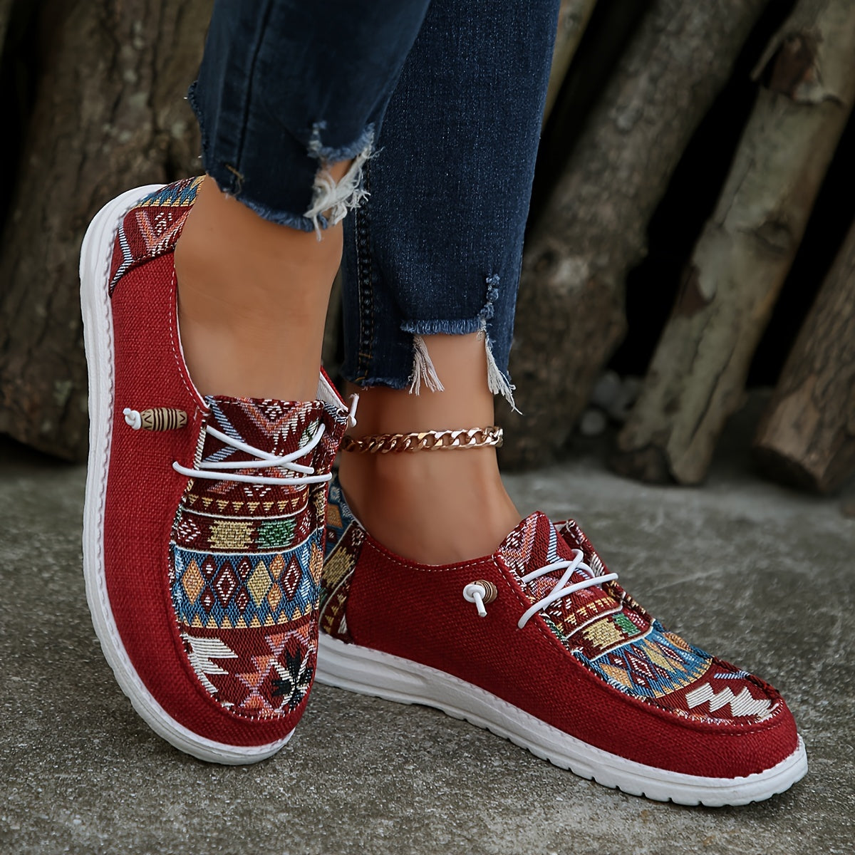 Bohemian Canvas Sneakers, Comfortable Slip On Ethnic Print Flats, Women's Street Style Footwear