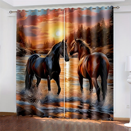 2pcs, Sunset Horse Stream Digital Printed Curtain Living Room Curtains, Grommet Top Curtains Living Room Office Home Decoration