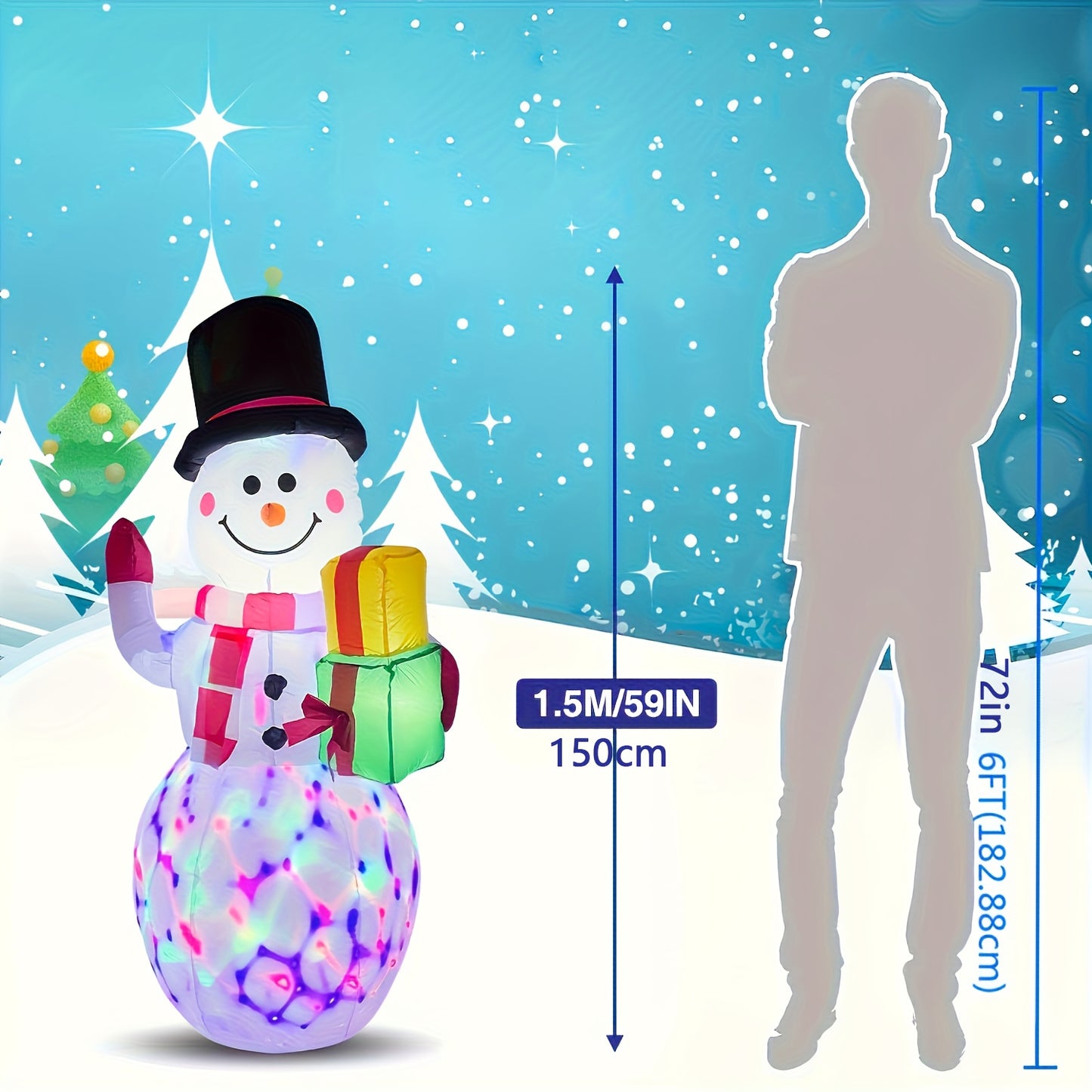 5ft Inflatable Snowman With Rotating LED Lights, Outdoor Yard Christmas Decoration, Durable Polyester, Festive Holiday Display