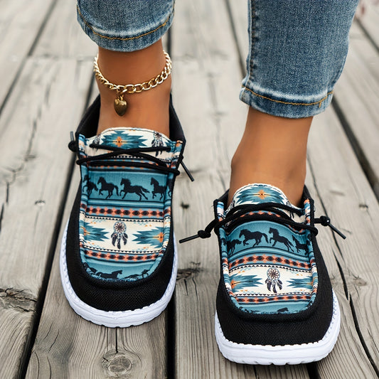 Women's Casual Canvas Shoes With Elastic Print, Breathable Slip-Ons With Non-Slip Soles And Horse Pattern, Easy Wear Round Toe Flats