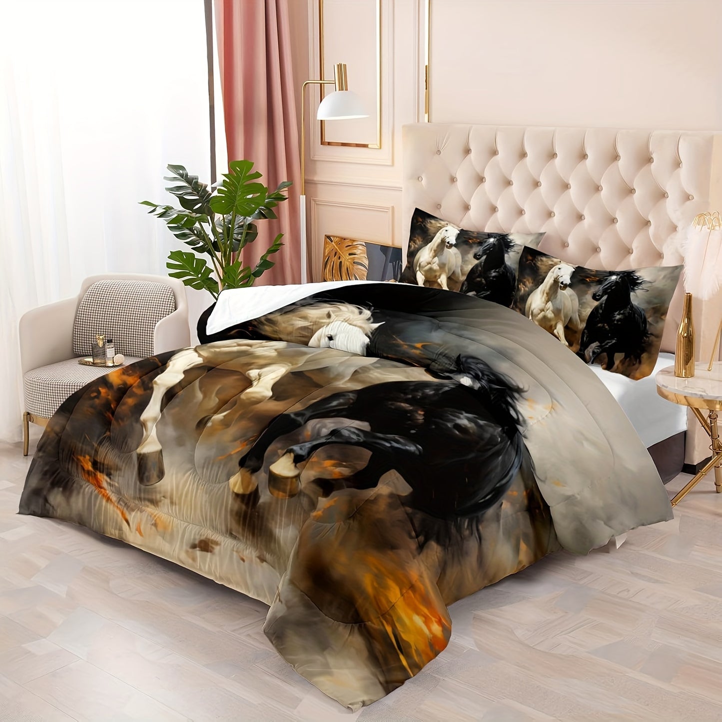 Horse Print Comforter Set, Black And White Horse Bedding Set, Western Farm Animals Printed Quilted Set, With 1 Comforter And 2 Pillow Case