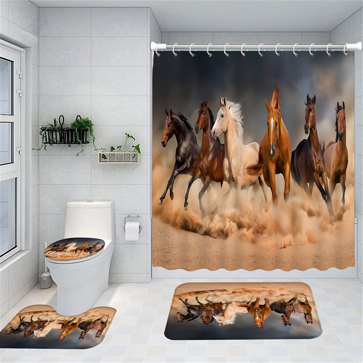 1/4pcs Horses Pattern Shower Curtain Set, Waterproof Shower Curtain With 12 Hooks, Non-Slip Bathroom Rug, Toilet U-Shape Mat, Toilet Lid Cover Pad, Bathroom Decor, Shower Curtain Sets For Bathrooms, Bathroom Accessories