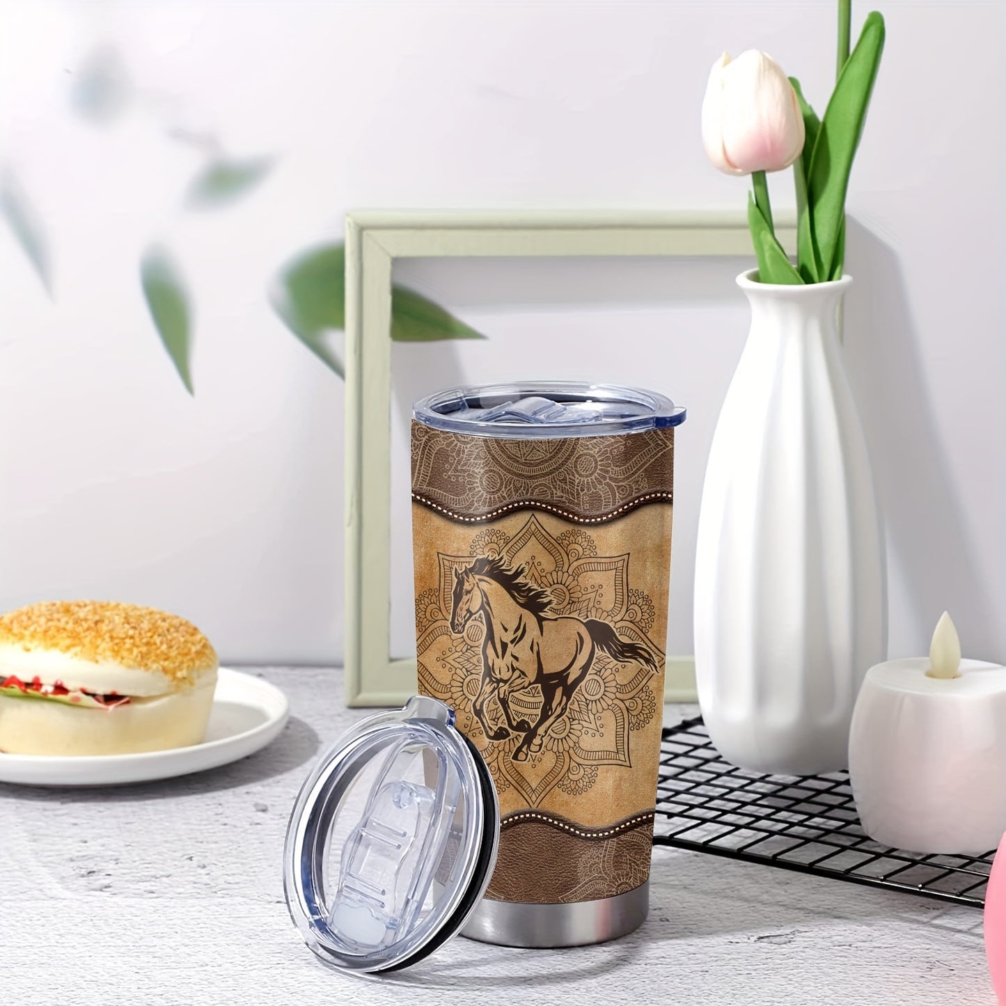 1pc, 20oz Cup Stainless Steel Tumbler, Horse Print Double Wall Vacuum Insulated Travel Mug, Halloween Gifts, Gifts For Parents, Relatives And Friends