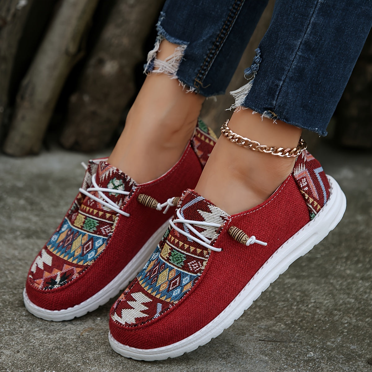 Bohemian Canvas Sneakers, Comfortable Slip On Ethnic Print Flats, Women's Street Style Footwear