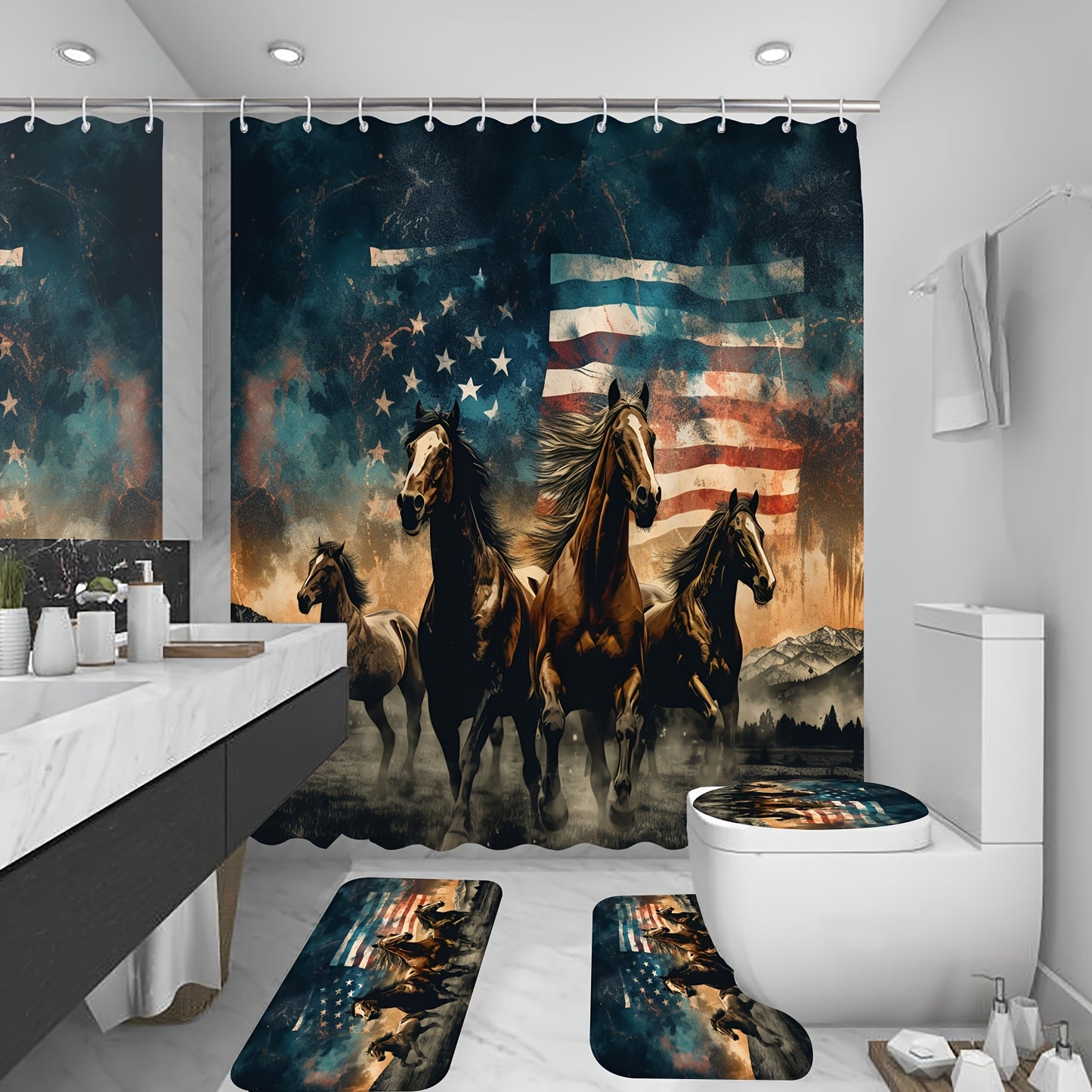 1/4pcs Wild Horses Shower Curtain Set, Independence Day Shower Curtain With 12 Hooks, Non-Slip Bathroom Rug, Toilet U-Shape Mat, Toilet Lid Cover Pad, 4th Of July, Independence Day Decor