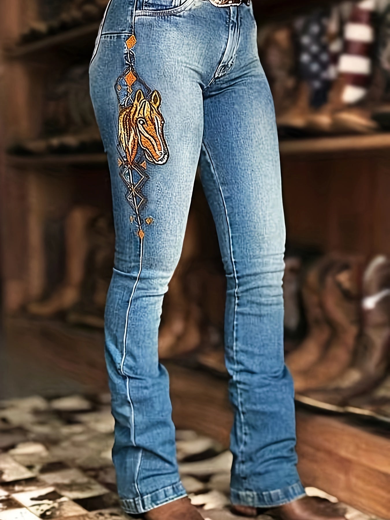 Women's Stretchy Horse Embroidered Flare Jeans, Casual Style, Versatile Denim Pants, Bootcut suit for autumn