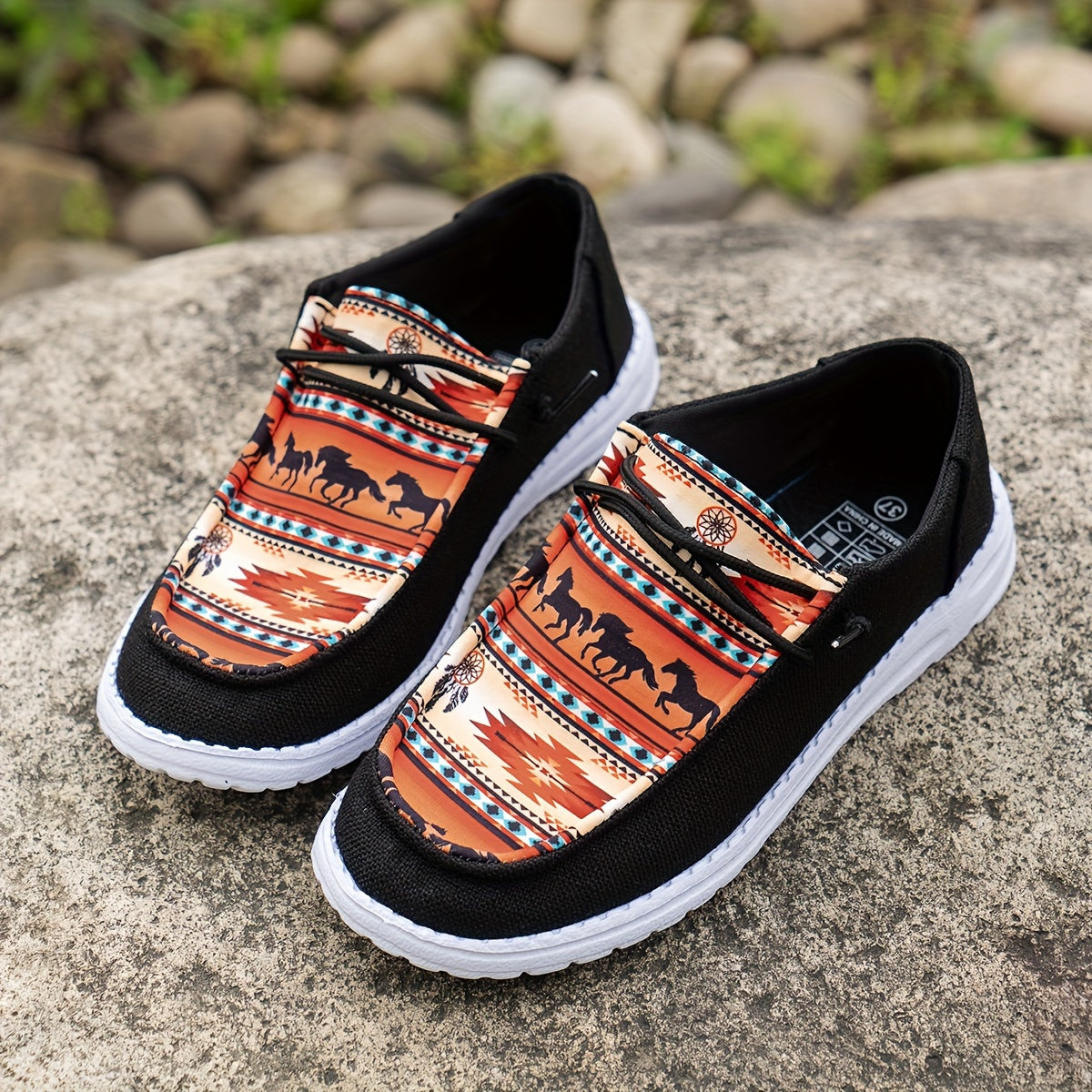 Women's Casual Canvas Shoes With Elastic Print, Breathable Slip-Ons With Non-Slip Soles And Horse Pattern, Easy Wear Round Toe Flats