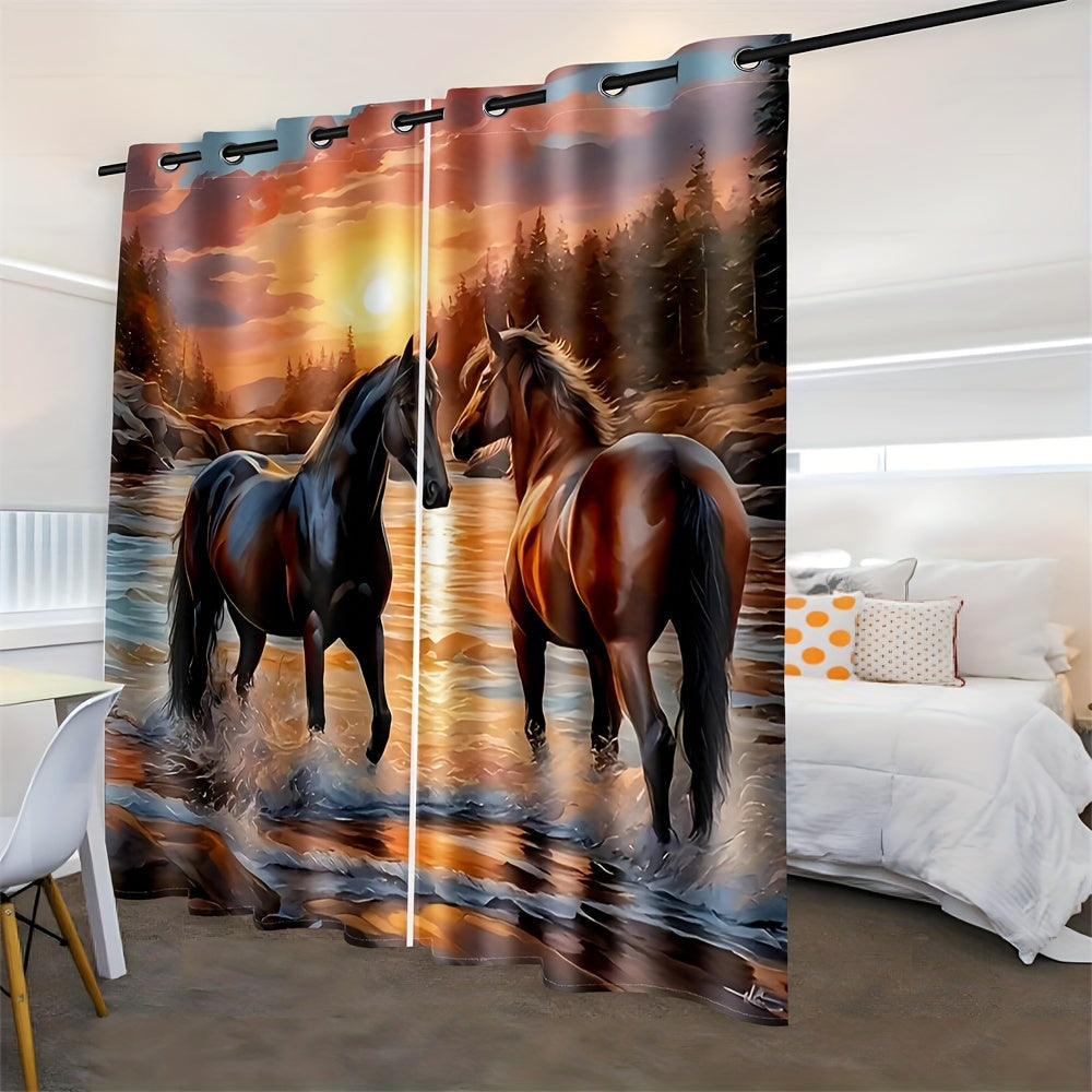 2pcs, Sunset Horse Stream Digital Printed Curtain Living Room Curtains, Grommet Top Curtains Living Room Office Home Decoration