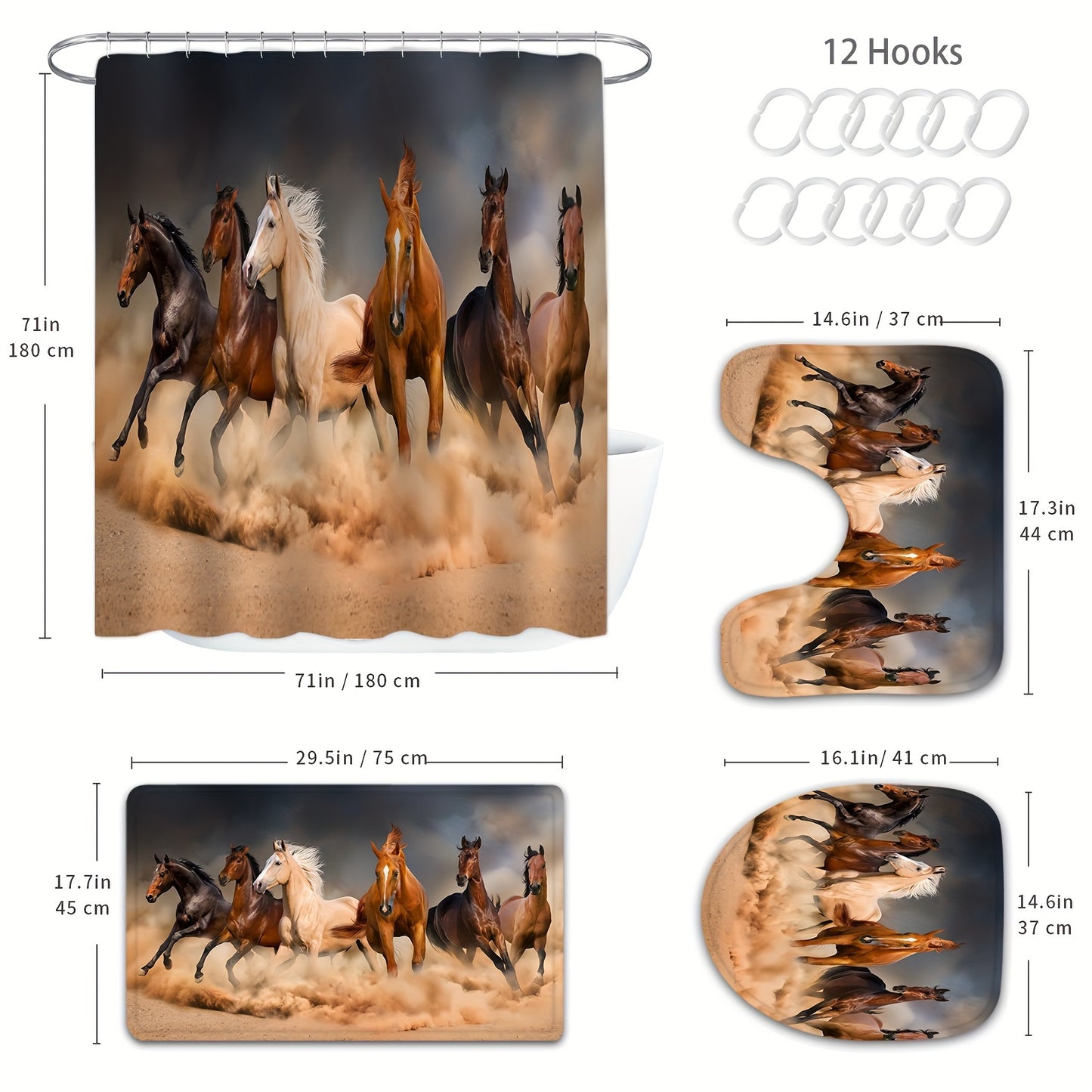 1/4pcs Horses Pattern Shower Curtain Set, Waterproof Shower Curtain With 12 Hooks, Non-Slip Bathroom Rug, Toilet U-Shape Mat, Toilet Lid Cover Pad, Bathroom Decor, Shower Curtain Sets For Bathrooms, Bathroom Accessories