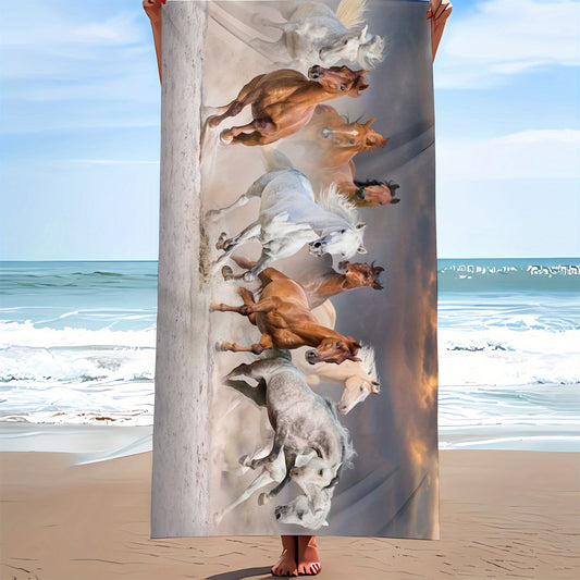 1pc Running Horses Pattern Beach Towel, Soft & Lightweight Swimming Towel, Perfect For Outdoor Travel, Sports, Swimming, Camping, Fitness And Yoga, Beach Essentials, Travel Accessories