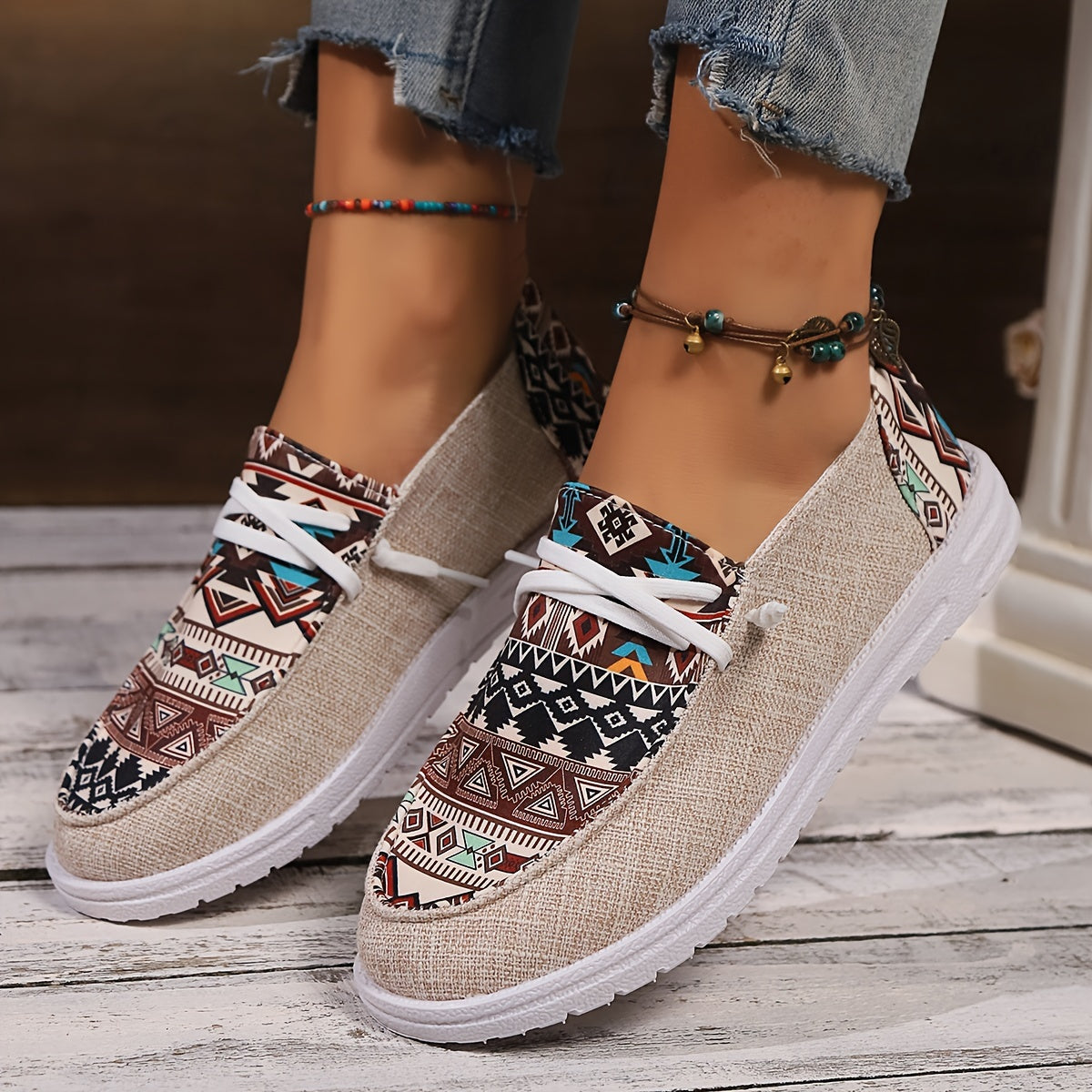 Women's Tribal Pattern Canvas Shoes, Casual Round Toe Low Top Flat Sneakers, Lightweight Outdoor Walking Shoes