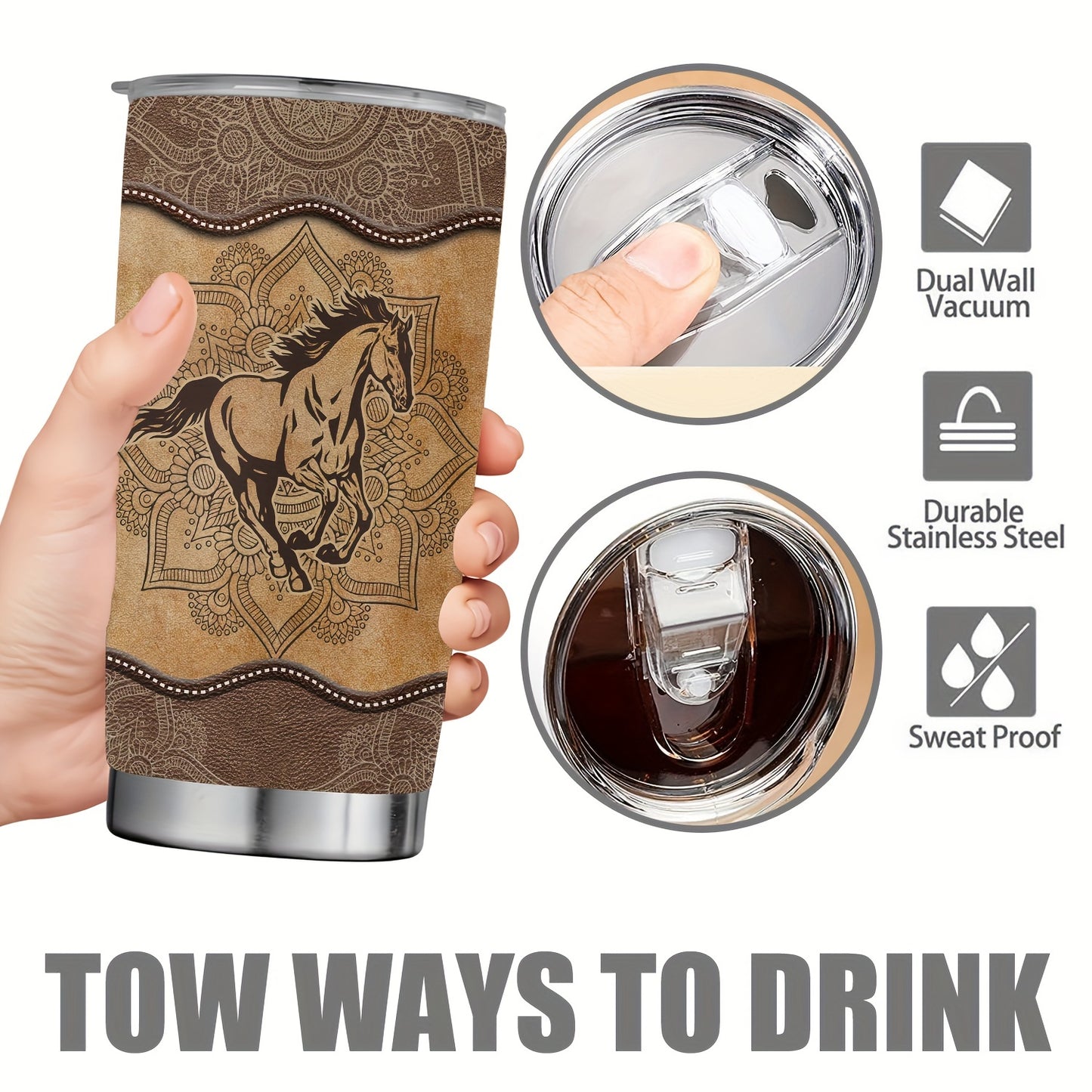 1pc, 20oz Cup Stainless Steel Tumbler, Horse Print Double Wall Vacuum Insulated Travel Mug, Halloween Gifts, Gifts For Parents, Relatives And Friends