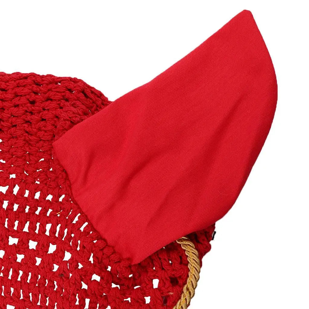 Soft Cotton Hand Crochet Breathable Fly Veil with Ears for Horse Red