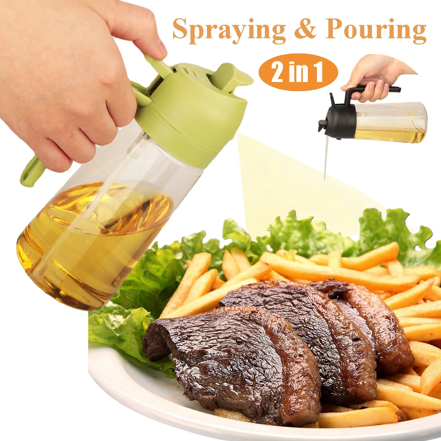 16oz Oil Dispenser Bottle for Kitchen, 2 in 1 Olive Oil Dispenser and Oil Sprayer, 470ml Olive Oil Spray Bottle for Cooking