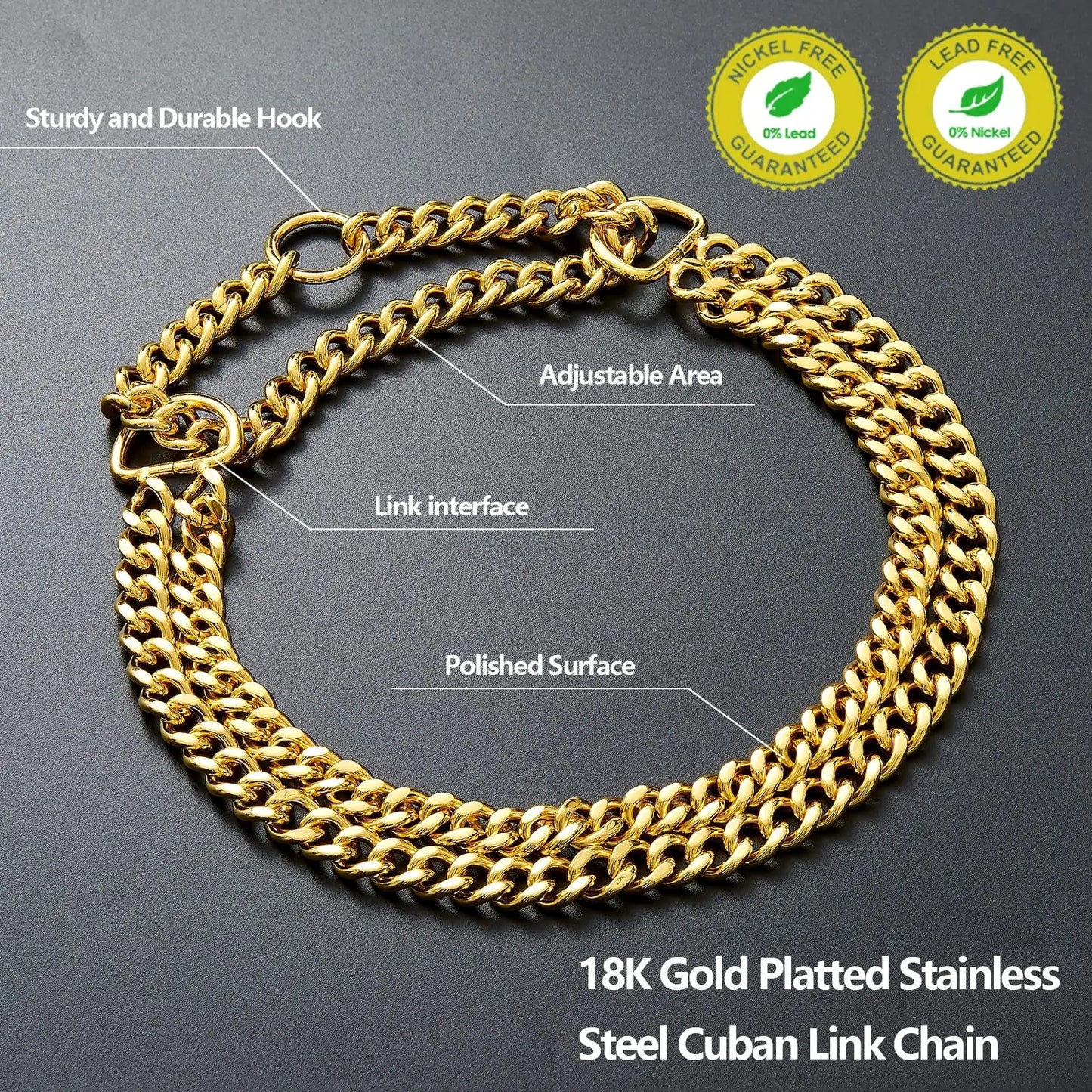 Double Row Gold Dog Chain Collar Stainless Steel Chew Proof 18K Training Pet Chains Collars for Medium Large Dogs