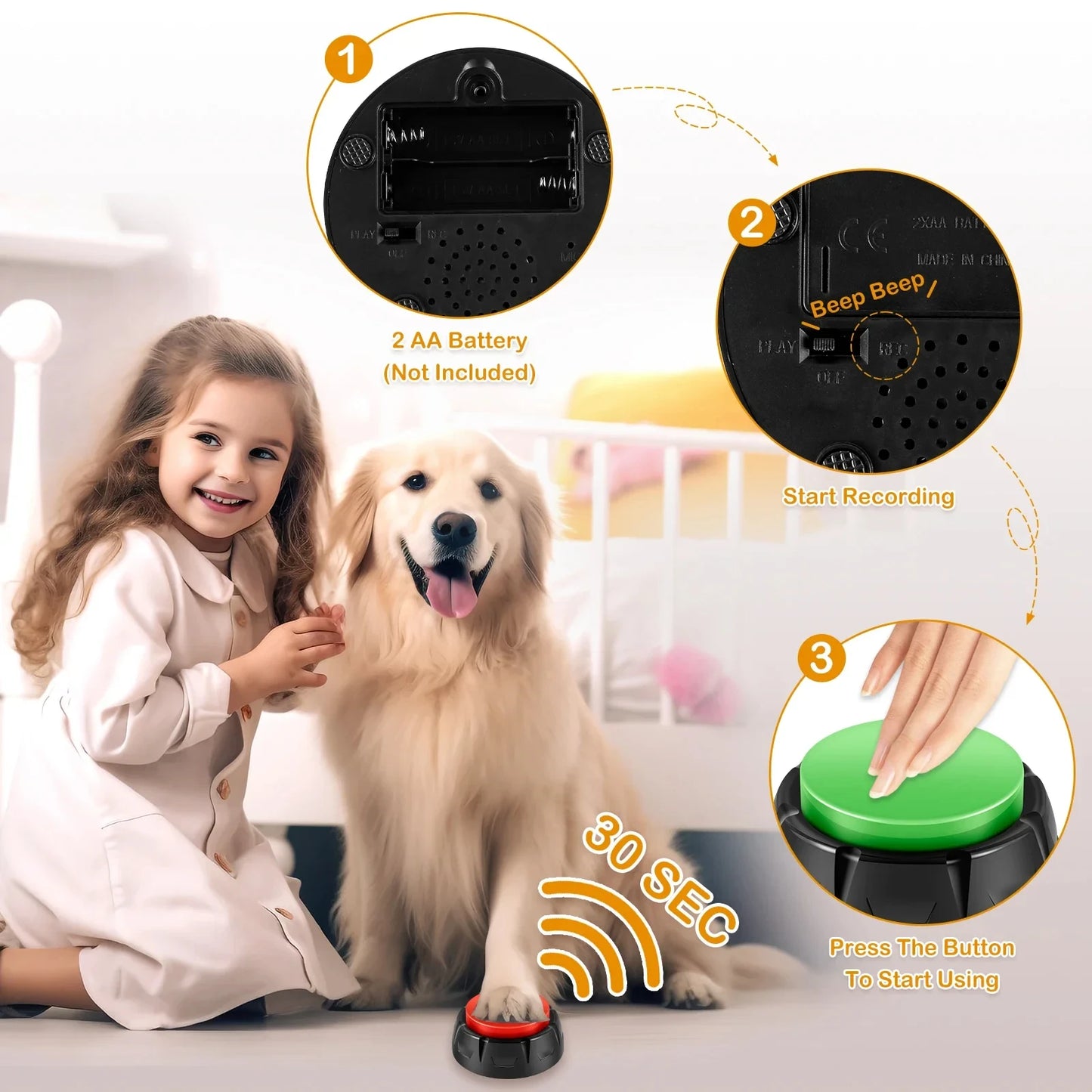 Dog Training Buttons Recordable Pet Talking Voice Recording Interactive Toys with Sticker for Communication Pet Training Buzzer