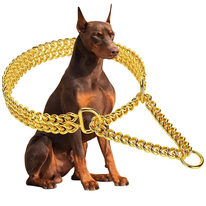 Double Row Gold Dog Chain Collar Stainless Steel Chew Proof 18K Training Pet Chains Collars for Medium Large Dogs