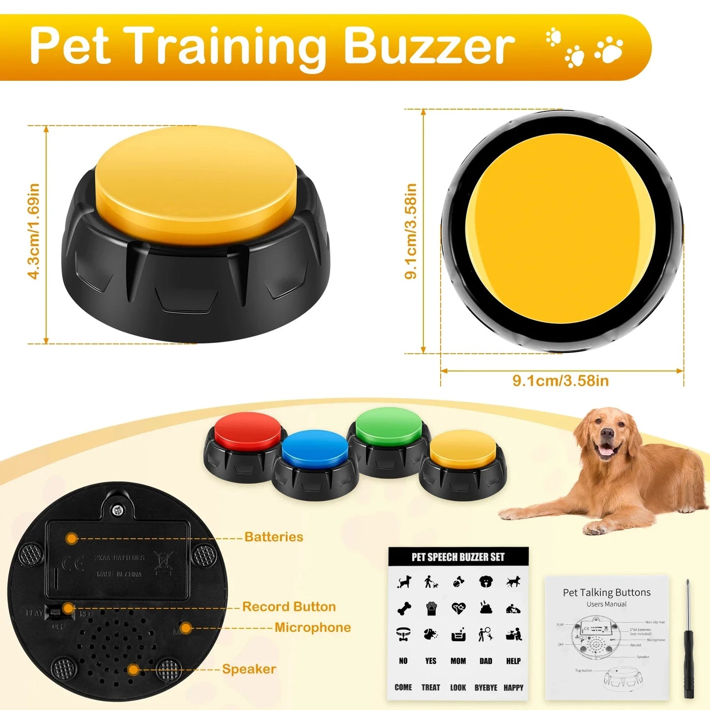 Dog Training Buttons Recordable Pet Talking Voice Recording Interactive Toys with Sticker for Communication Pet Training Buzzer