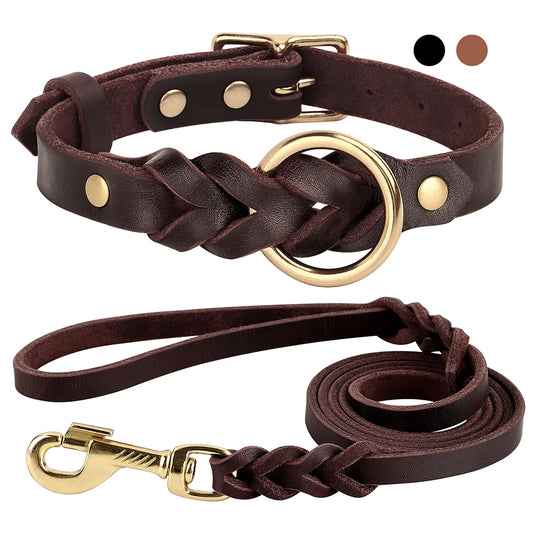 Genuine Leather Dog Collar Leash Set Braided Durable Leather Dog Collars For Medium Large Dogs German Shepherd Pet Accessories