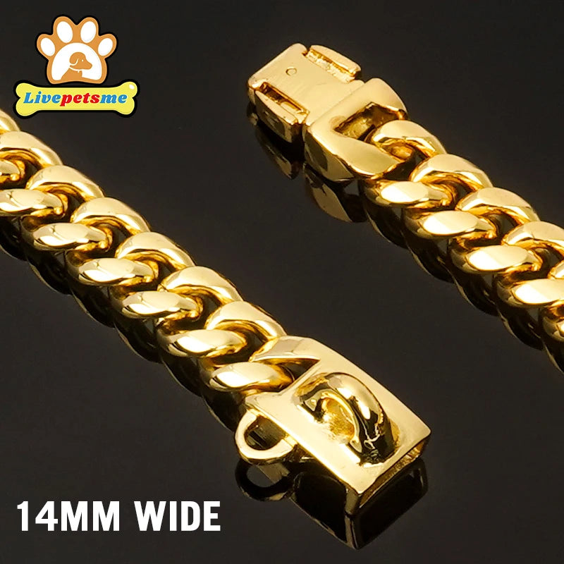 Strong Stainless Steel Dog Collar Choke with Safety Buckle Lock Golden Cuban Link Chain Training Collar for Pets Metal Necklace