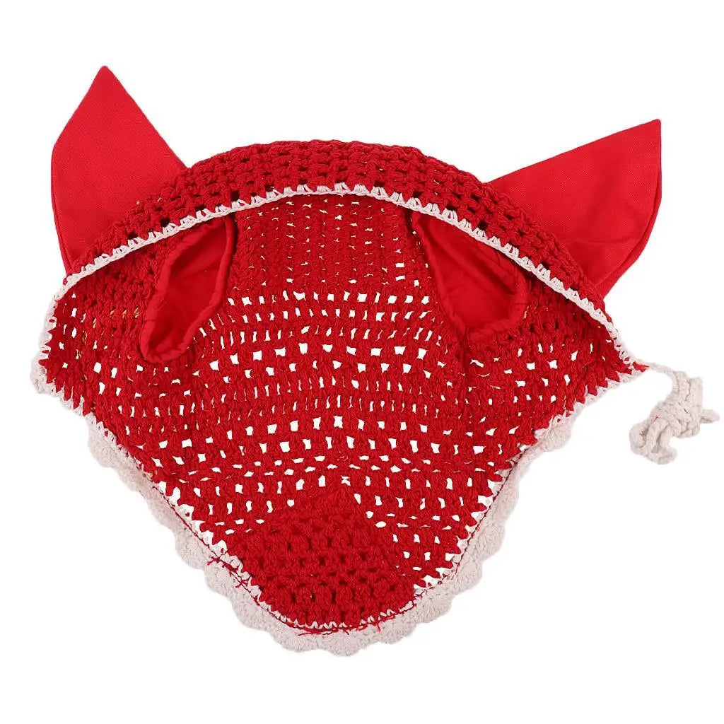 Soft Cotton Hand Crochet Breathable Fly Veil with Ears for Horse Red