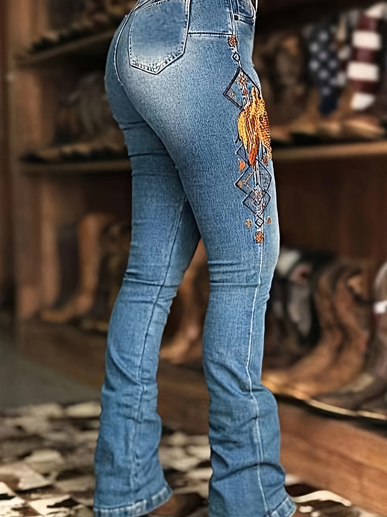 Women's Stretchy Horse Embroidered Flare Jeans, Casual Style, Versatile Denim Pants, Bootcut suit for autumn