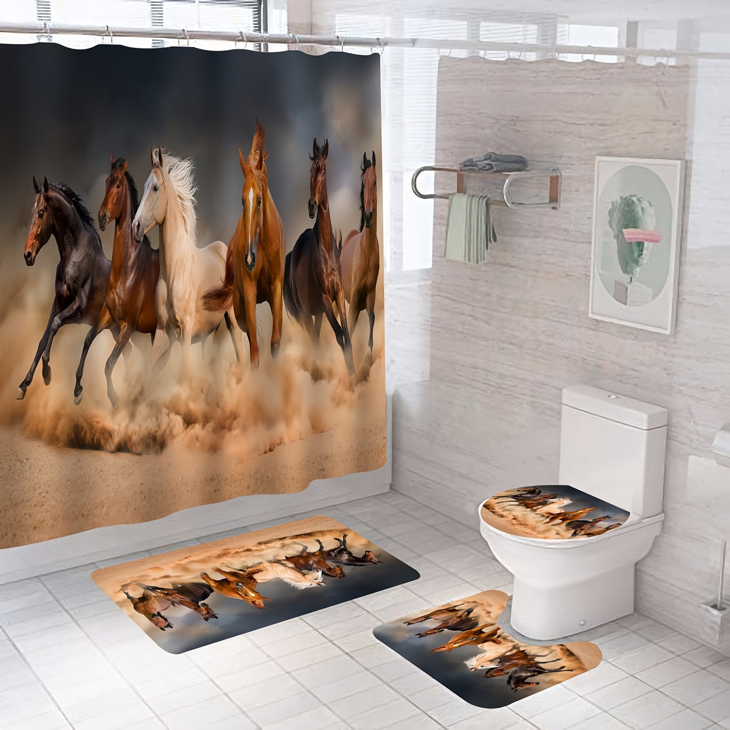 1/4pcs Horses Pattern Shower Curtain Set, Waterproof Shower Curtain With 12 Hooks, Non-Slip Bathroom Rug, Toilet U-Shape Mat, Toilet Lid Cover Pad, Bathroom Decor, Shower Curtain Sets For Bathrooms, Bathroom Accessories