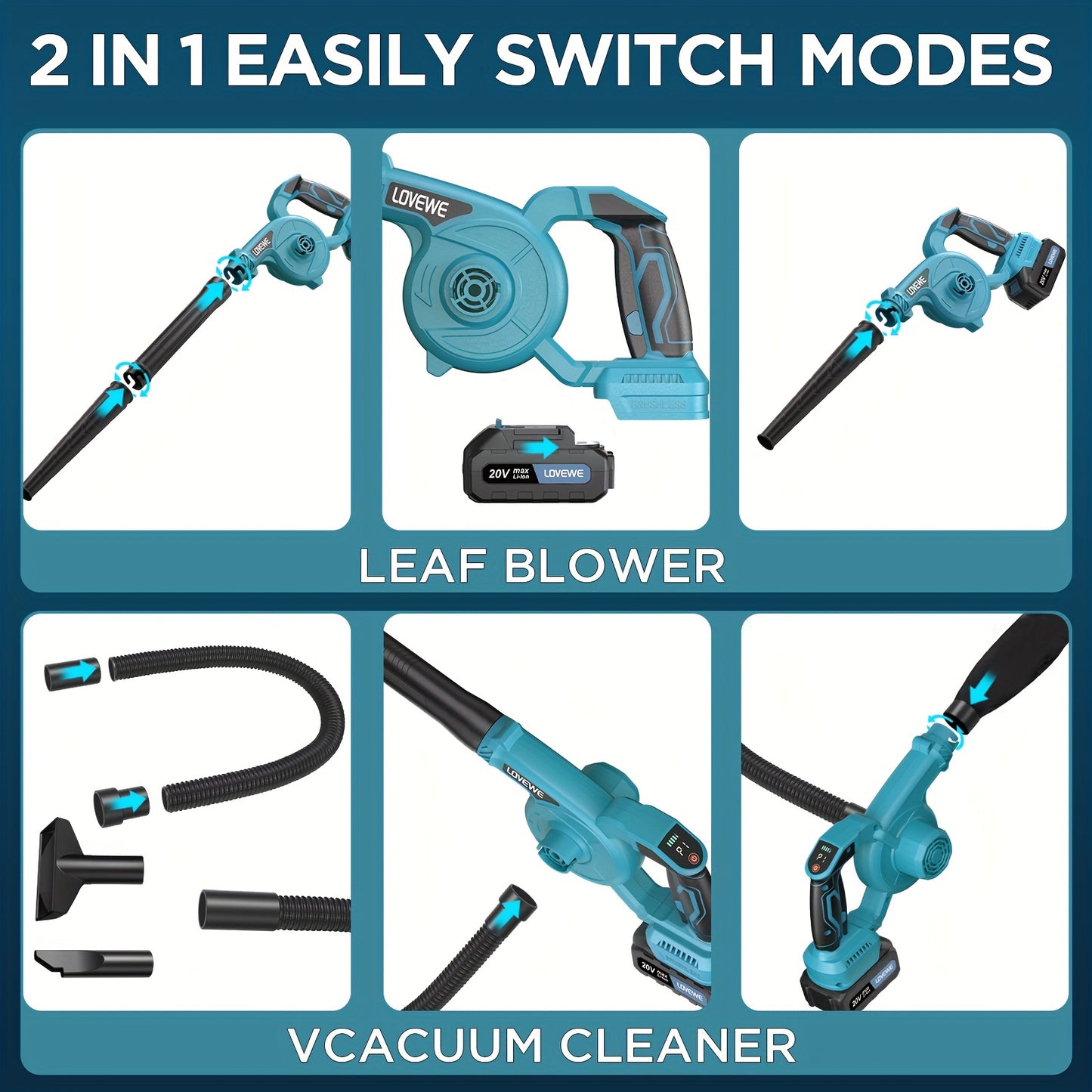 LOVEWE Cordless Leaf Blower, 150Mph 3 Speed Mode Handheld Electric Leaf Blowers 2-in-1 Lightweight Mini Cordless Leaf Vacuum With Brushless Motor For 18-21V Makita Interface, Leaf Blower