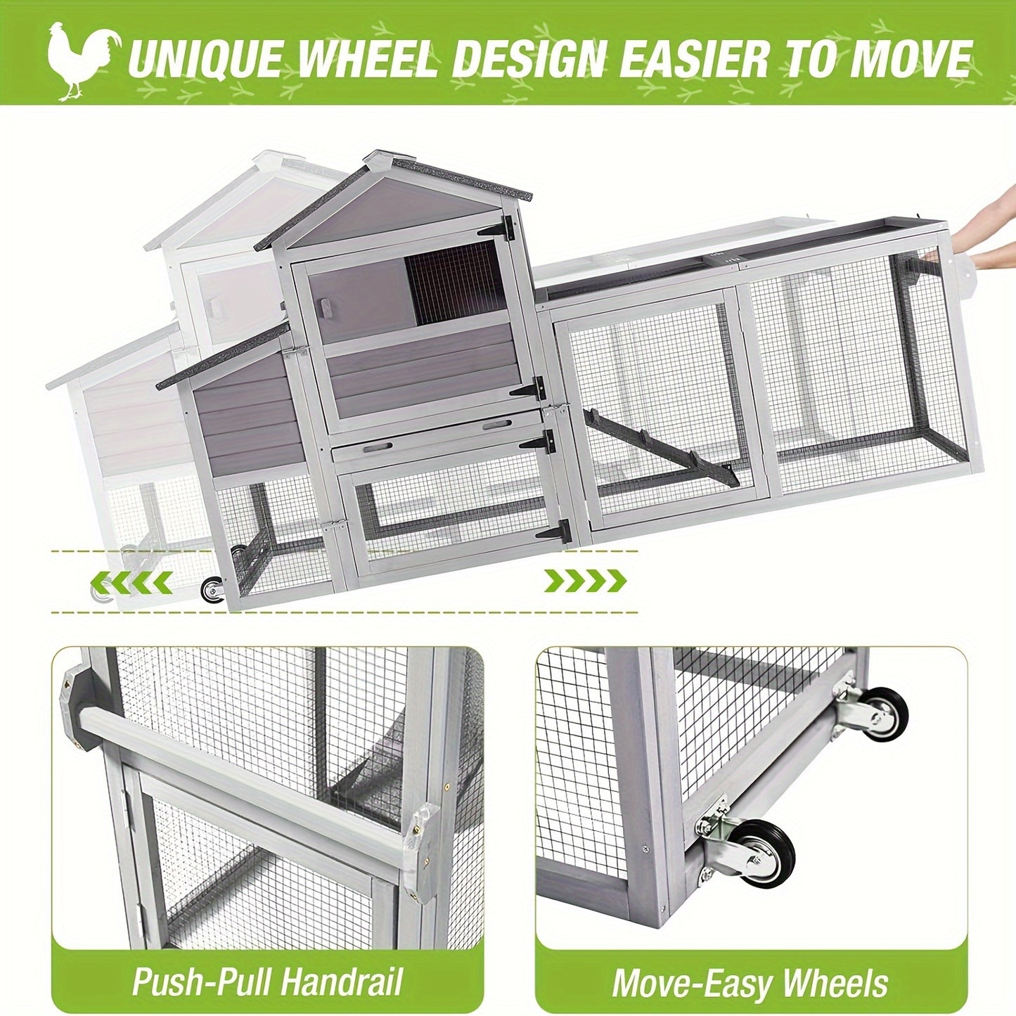 Aivituvin Chicken Coop, Wooden Poultry Cage with Nesting Box, Mobile Hen House On Wheels, Opening Wire Netting Roof