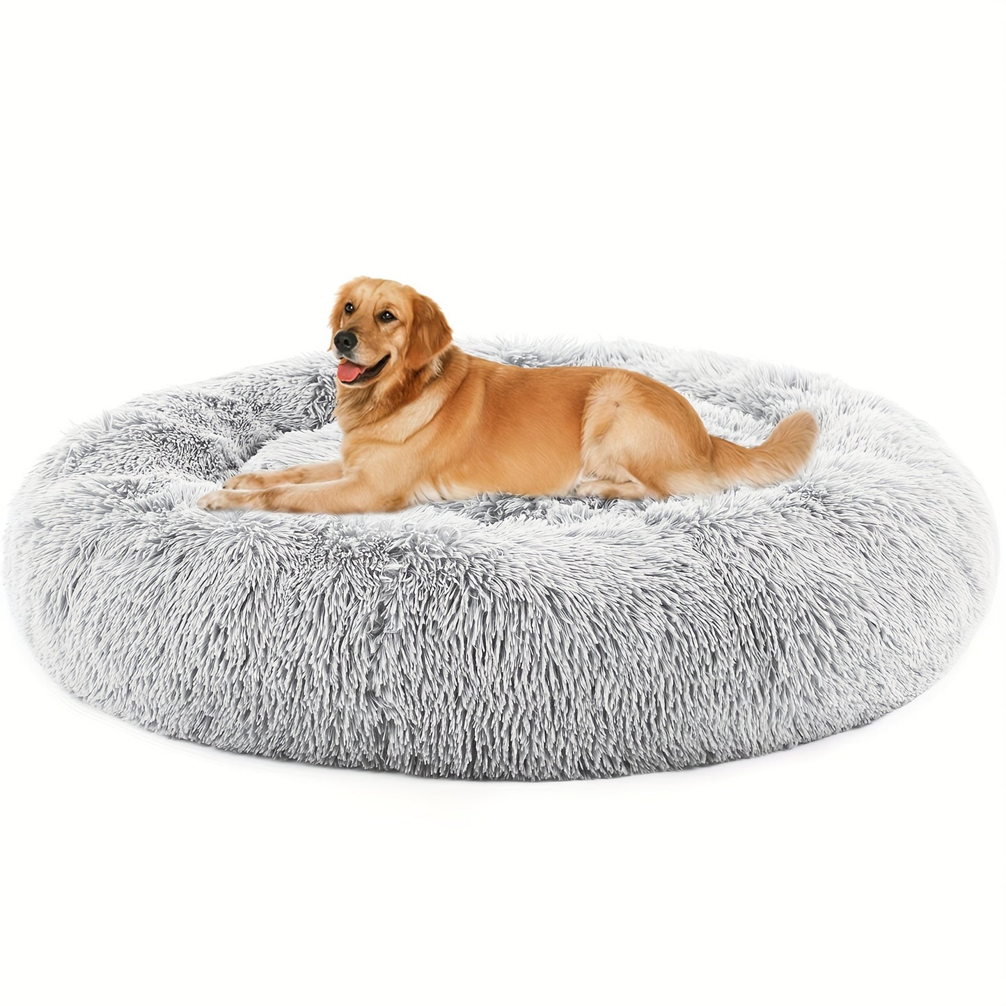 Fluffy Plush Calming Pet Bed For Dogs And Cats - Washable Anti-Slip Round Bed For Pets - Grey Color