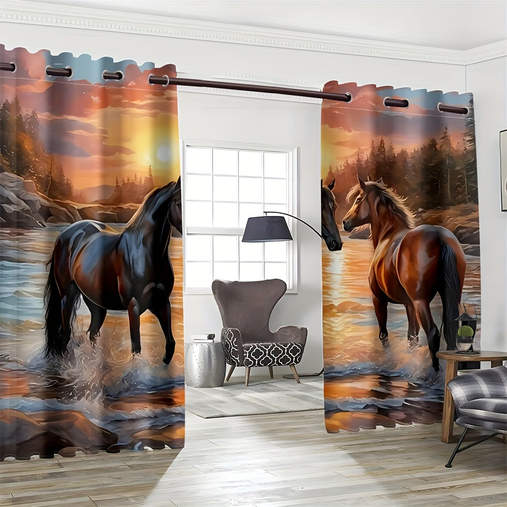 2pcs, Sunset Horse Stream Digital Printed Curtain Living Room Curtains, Grommet Top Curtains Living Room Office Home Decoration