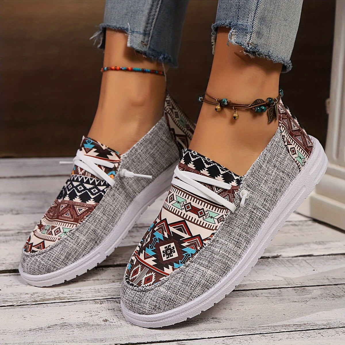 Women's Tribal Pattern Canvas Shoes, Casual Round Toe Low Top Flat Sneakers, Lightweight Outdoor Walking Shoes