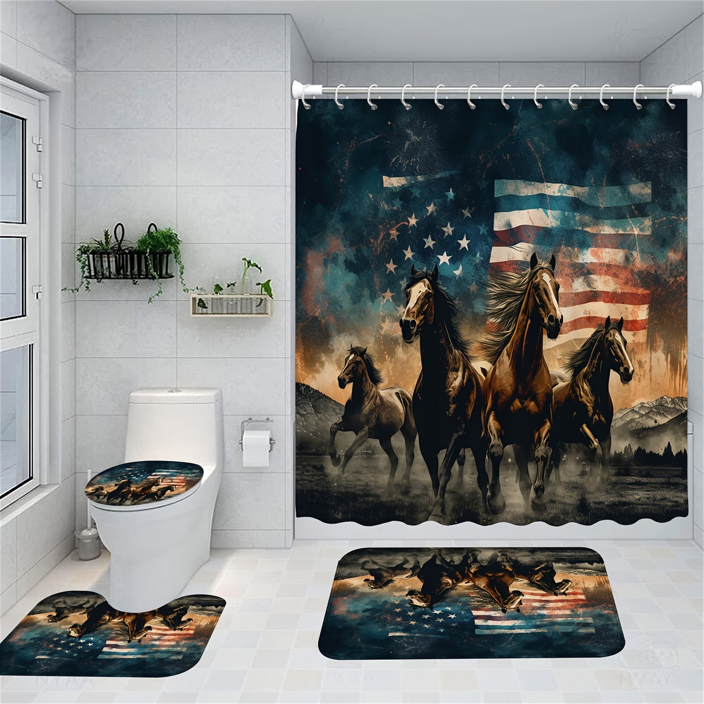 1/4pcs Wild Horses Shower Curtain Set, Independence Day Shower Curtain With 12 Hooks, Non-Slip Bathroom Rug, Toilet U-Shape Mat, Toilet Lid Cover Pad, 4th Of July, Independence Day Decor