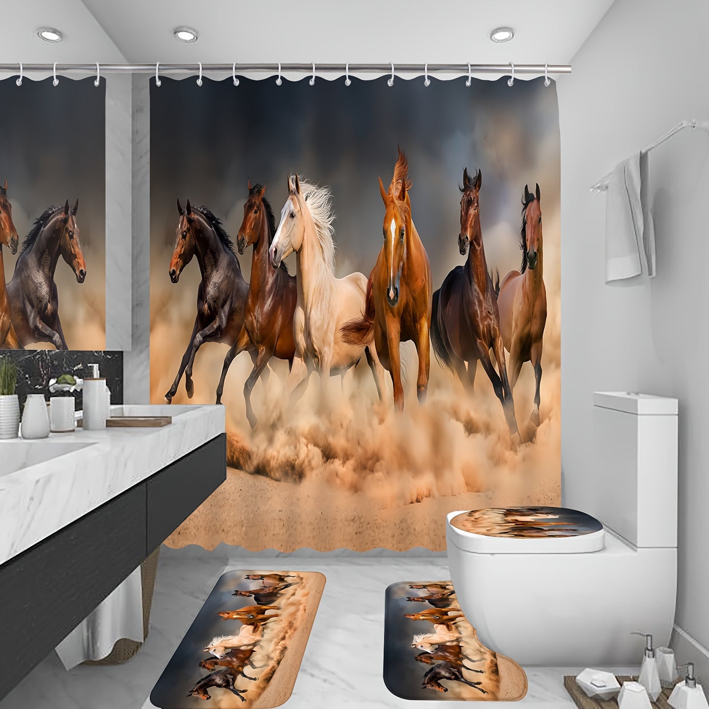 1/4pcs Horses Pattern Shower Curtain Set, Waterproof Shower Curtain With 12 Hooks, Non-Slip Bathroom Rug, Toilet U-Shape Mat, Toilet Lid Cover Pad, Bathroom Decor, Shower Curtain Sets For Bathrooms, Bathroom Accessories