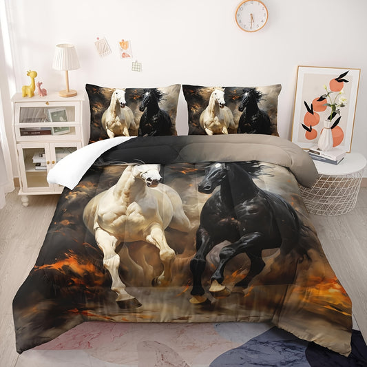 Horse Print Comforter Set, Black And White Horse Bedding Set, Western Farm Animals Printed Quilted Set, With 1 Comforter And 2 Pillow Case