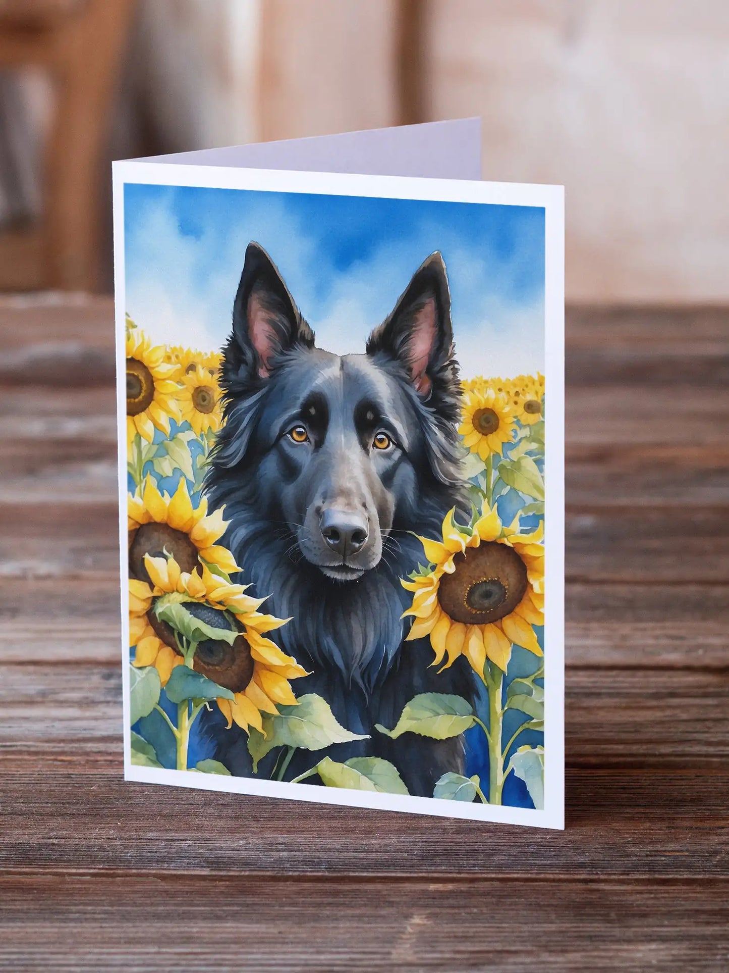 Belgian Sheepdog in Sunflowers Greeting Cards Pack of 8